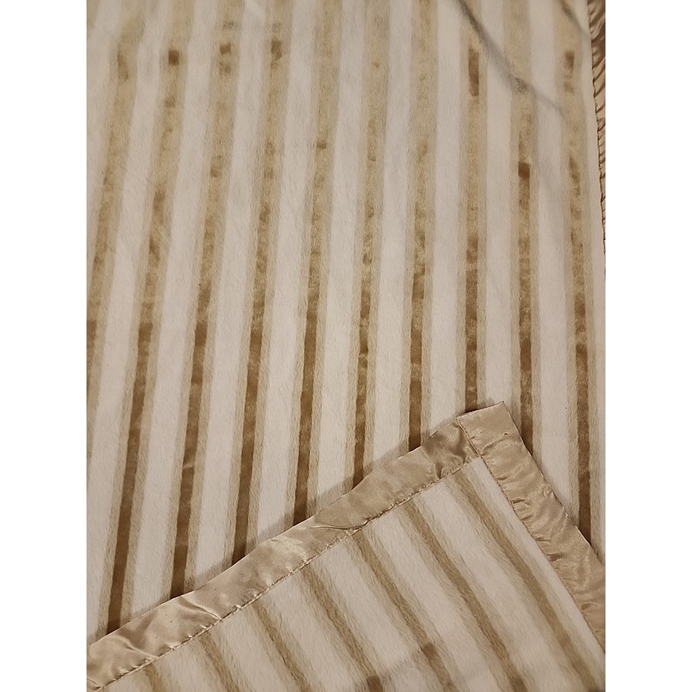 Vintage GEORGE Gold Brown Striped Plush Minky Velour Satin Baby Crib Blanket N2